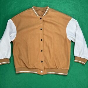 Shein Womens Size Large Varsity Bomber Jacket Caramel White Fearless